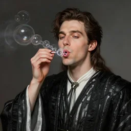 an anthropomorphic beautiful male wizard portrait blowing bubbles wearing black and white stripes robe, fine art, award winning, intricate, elegant, sharp focus, octane render, hyperrealistic, cinematic lighting, highly detailed, digital painting, 8 k concept art, art by jamie hewlett and z. w. gu, masterpiece, trending on artstation, 8 k