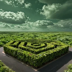 Solitary topiary maze in a green wasteland with metal grate flooring and green cloudless sky