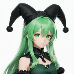 a hologram of decora styled green haired yotsuba koiwai wearing a jester hat and gothic spiked jacket, background full of lucky clovers and shinning stars, holography, irridescent, baroque visual kei decora art