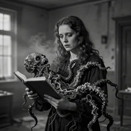 disturbing portrait of a haunted mother driven to despair and madness holding an unspeakable lovecraftian eldritch horror of writhing tentacles, in an abandoned insane asylum, studio lighting, soft glow, smoky, monochromatic photo by anne leibovitz, 1 9 3 0 s psychiatric journal