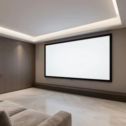 very wide angle view, a modern home movie theater with big screen!!, stylish wall sconces lights, detailed art deco decoration!!, plants, popcorn machine, rough watercolor painting, trending on artstation
