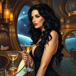 beautiful woman with long wavy curly black hair, resembling megan fox and angelina jolie. wearing a cocktail dress. she is in the bar of the atlantis paradise, a retro futuristic spaceship made of brass bronze gold, art deco influence, hotel style design. bioshock, starship titanic. outside the window space and stars can be seen. clean, well composed painting by artgerm and greg