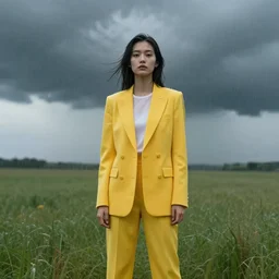 a girl with yellow suit in field stormy weather, cinematic look, 4 k, realistic lighting