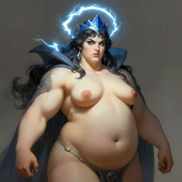 mighty plump female sorceress, blue tiara, lightning halo, strong line, muted color, beautiful! coherent! by frank frazetta, by brom