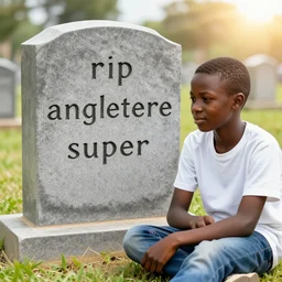 a nigerian boy sitting next to a grave, the grave has an engraved text that says rip anglettere super detailed, accurate text, sunflare.