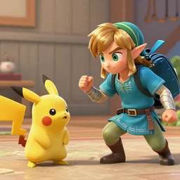a still from a Pixar movie about link from Zelda fighting Pokémon
