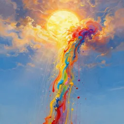 the sun leaking paint into the sky, turning into colorful rain, beautiful painting, action painting, drip, realistic