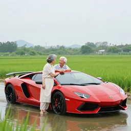 0 8 s photo of elder couple, pose like the new sweet lover in the paddle field with red super car, photo realistic, high - detail,