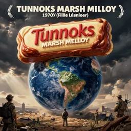 Film publicity poster for 1970s disaster movie of Earth being stuck by giant Tunnocks marsh mellow