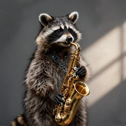 a raccoon playing a saxophone.