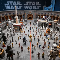 a photo of a epic grand scale diorama of star wars toys, canon, macro photography