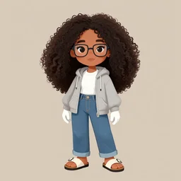 A beautiful Woman with #E0A37A Skin color, South East Asian with long, Puffy, Afro hair, Small Square Glasses, light grey hoodie opened, white T-Shirt, White gloves, Denim Jeans, Birkenstock sandals, Character art, Calarts, button eyes -6