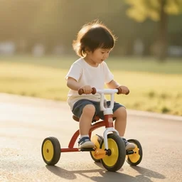 kid riding a tricycle, kid is a kitten, golden ratio, golden hour