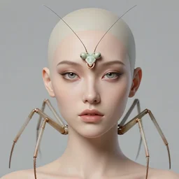 first contact facial portrait, female humanoid spider mantis, retro - futuristic, high details, by vincent di fate, artgerm julie bell beeple, 9 0 s, 3 d, matte, smooth gradients, volumetric lightning, light from below, high contrast, duo tone, depth of field