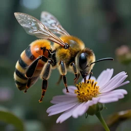 super macro of a cyborg terminator bee drinking from a flower in the forest. fantasy horror cyberpunk style. highly detailed 8 k. intricate. nikon d 8 5 0 3 0 0 mm. award winning photography.