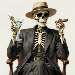 a skeleton wearing sunglasses and a straw hat sitting on a chair, with a martini in one hand and a cigar in the other, intricate, elegant, sharp focus, illustration, highly detailed, digital painting, concept art, matte, art by WLOP and Artgerm and Greg Rutkowski and Alphonse Mucha, masterpiece