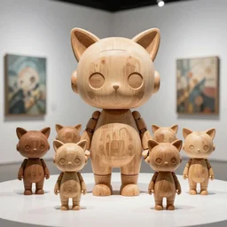 8 k octan advertising detailed photo, a totally wooden sculpture collection art toys on feet, very cute cyborg zen with cat ears, cyberpunk a contemporary art gallery sharp focus, masterpiece nofinito