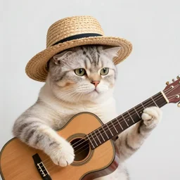 a cat wearing straw hat playing guitar