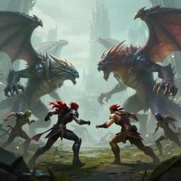 reduced size of scene, hyperrealism fantasy creatures fight scene with characters from league of legends portrait, digital art, wallpaper of an fantasy fight, background of sci fi city in fog, diffused lighting, 8 k dop hdr