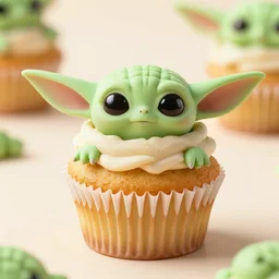 a grogu cupcake, food photography, product photography