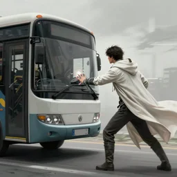 a mysterious guy in a white cloak stopping a bus from hitting him by using his telekinetic powers, fantasy, digital painting, WLOP, trending on artstation, 8k, epic composition, highly detailed, sharp focus