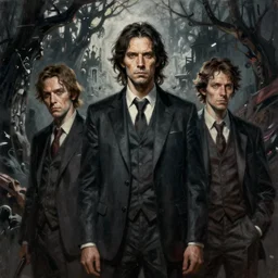 painting of the figures of three investigators in a lovecraftian scenery, high contrast, concept art, dramatic lighting, digital art, 8 k, arkham city, call of cthulhu, extremely detailed, drawn by ruan jia