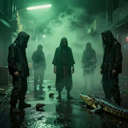 voodoo people film clip by the prodigy, cyberpunk, dark magic, green whispy fog, street scene, fluorescent street lights, dirty rats, hdr, alligator shaman, faint feeling of doom, wet asphalt, reflected light, detailed render, gloomy, ray traced reflections, trending on deviantart, dlss, volumetric fog, volumetric light, 8 k