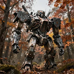hyper realistic photography of abandoned ruined giant mecha in the autumn forest brom, mucha, moebius, craig mullins, juan gimenez artstation cgsociety