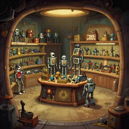 inside a store that sells robot parts, on a spaceship, steampunk style, from a point and click 2 d graphic adventure game, art inspired by [ [ thomas kinkade ] ] and [ mark keathley ]