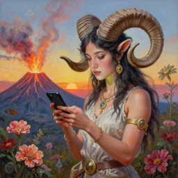 painting by senior concept artist josephine wall, horned ram goddess checking her cell phone, erupting volcano and sunset in distance, flowers in foreground, zodiac, fantasy, acrylic on canvas, intricately detailed, highly detailed, high resolution, hdr, 8 k, trending on artstation