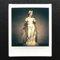 Polaroid photo of fragmented greek sculpture of a Time machine
