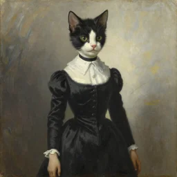 by Remedios Varos, Ernest Hemingway in a cat girl outfit, oil painting, MET collection, high resolution.