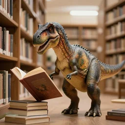 a dinosaur reading a book in the library