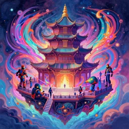 a floating temple, channeling swirling energy, wearing netrunner clothing, vaporwave aesthetic, colorful, psychedelic, digital painting, artstation, concept art, smooth, sharp focus, illustration, art by artgerm and greg rutkowski and alphonse mucha