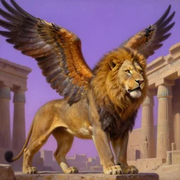 a realistic oil painting of a winged lion's body with the head of an eagle and a beak, in an ancient egyptian temple, at purple sunset, highly detailed, trending on artstation, by james gurney and michael whelan and krenz cushart and alphonse mucha