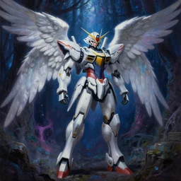 a highly detailed painting of an angelic mecha posing in a dark mystical forest shrouded in nebula magic by android jones, moebius, darling in the franxx, 4 k, 8 k, highly detailed, sharp, oil on canvas