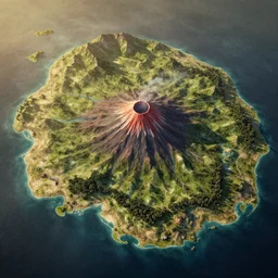 highly realistic map of a large island with a dormant volcano in the middle, 8 k, hyperrealistic, nostalgic, ambient lighting, fantasy