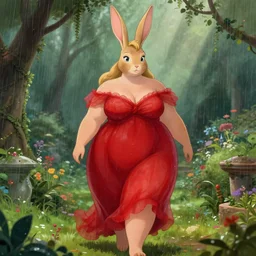 a stunning vector portrait of a thicc and voluptuous jessica rabbit dressed as palutena wearing a gossamer scarlet dress walking through a garden in the rain, intricate, elegant, highly detailed, artstation, concept art, ultra sharp focus, octane render, volumetric lighting, god rays, art by jugendstil and greg rutkowski and alphonse mucha