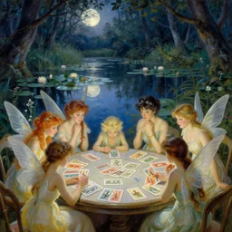 a group of gracious fairies playing cards on a table in an atmospheric moonlit forest next to a beautiful pond filled with water lilies, artwork by ida rentoul outhwaite, fairies have wings