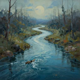 The river of time, painting in biopunk style