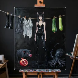 painting of a black painted canvas, on an easel in a dark artist's studio with black walls, tall emo artist catgirl, wet black clothes, hemp rope, clothes hanging on a clothesline to dry, 6 black boots, pomegranate, a black pig, courgette, black octopus, sensual, acrylic and oilstick on canvas