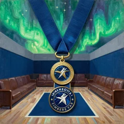 throne room of the minnesota timberwolves, military decoration, midnight blue, aurora green, lake blue, moonlight grey, oil on canvas by william sidney mount, fantasy art, trending on artstation, vibrant colors