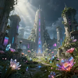 a beautiful photorealistic rendering of nature parliament abandoned city by john william casilear, futuristic synthwave sunlight magic realism at night gem flowers crystal retrowave neon signs cgsociety reclaimed by nature sci - fi myst bioshock, archdaily, wallpaper, highly detailed, trending on artstation.
