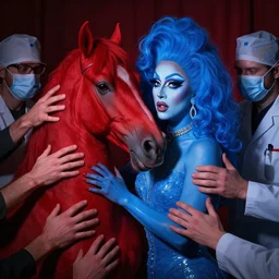 zeiss lens photograph david armstrong only with blue drag queen in love with a red stallion too many hands in all directions doctors mask in the style of gottfried helnwein chiaroscuro intricate composition blue light by caravaggio insanely quality highly detailed masterpiece red light