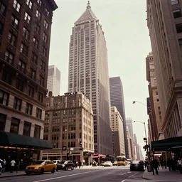 very low angle. city street at 1 9 5 0 s. low angle. old photo. atmospheric. skyscrapers. vivid colours, mysterious. epic scene. trending on trainstation. 4 k. very high detailed.