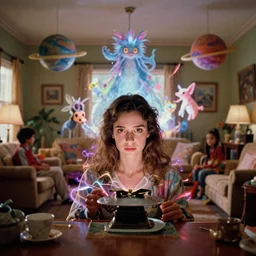 movie still by alejandro jodorowsky of a beautiful day in a family living room in suburban usa, visible magic energy, dream creature costumes, floating planets, talking animals, glowing parade float, cinestill 8 0 0 t eastmancolor technicolor, high quality, very detailed, heavy grain, fine facial features, 8 k, octane render