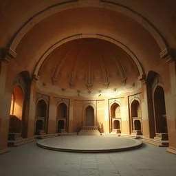 symmetry!!!!! wide view inside!!!!! a round temple, big room in the center, made of ochre and white adobe walls, different altars in separate alcoves, light coming from outside, atmospheric high fantasy matte painting by craig mullins and marc simonetti and ivan shishkin, trending on artstation