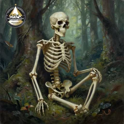 a painting of a skeleton in a forest, a detailed matte painting by marc simonetti, behance contest winner, fantasy art, matte painting, concept art, matte drawing. masterpiece