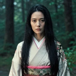 a cinematic portrait bust of woman, forest background,!! dappled light!!, raining, long black hair, kimono, princess mononoke, 4 k, annie leibovitz, high detail, dramatic lighting, afternoon, hayao miyazaki, masashi ando, nizou yamamoto, kazuo oga, joe hisaishi, yoji takeshige, naoya tanaka