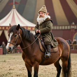 dwarf from the lord of the rings standing on a pony in the middle of a circus